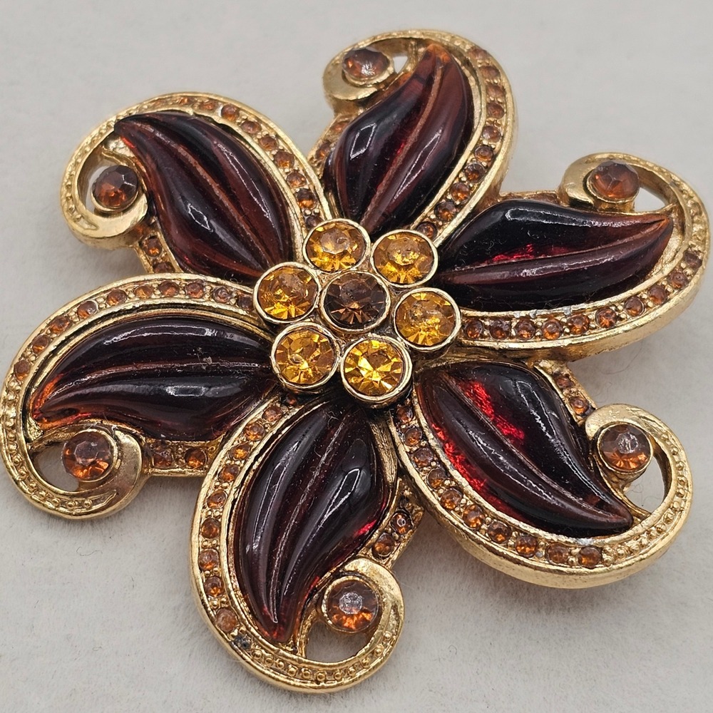 Floral Brooch 2pc Rhinestone Gold Tone Brown Rootbeer Lucite Lot Pins Autumn - Picture 9 of 10